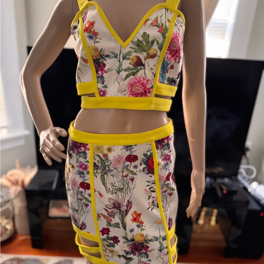 Floral Two-Piece Set with Yellow Trim